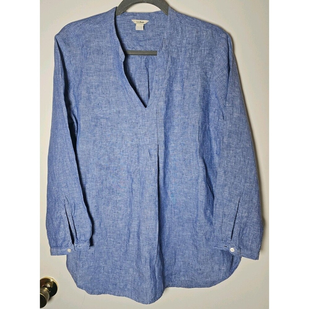 Vintage 90s LL Bean Womens Medium Petite Linen Long Sleeve Popover Shirt Flowy